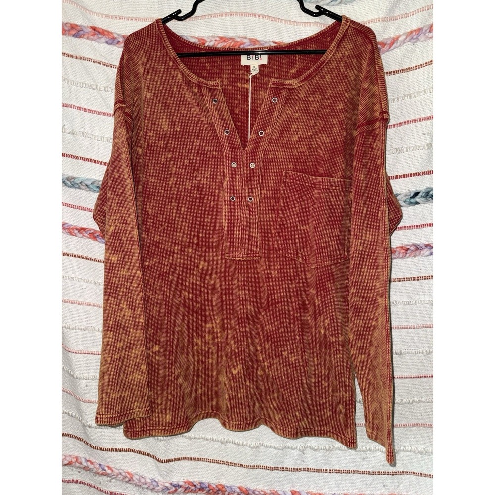 Bibi Women's Henley Top Small Waffle Knit Burnt Orange